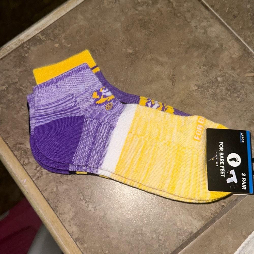LSU Socks- For Bare Feet ; x3 NEW- size L